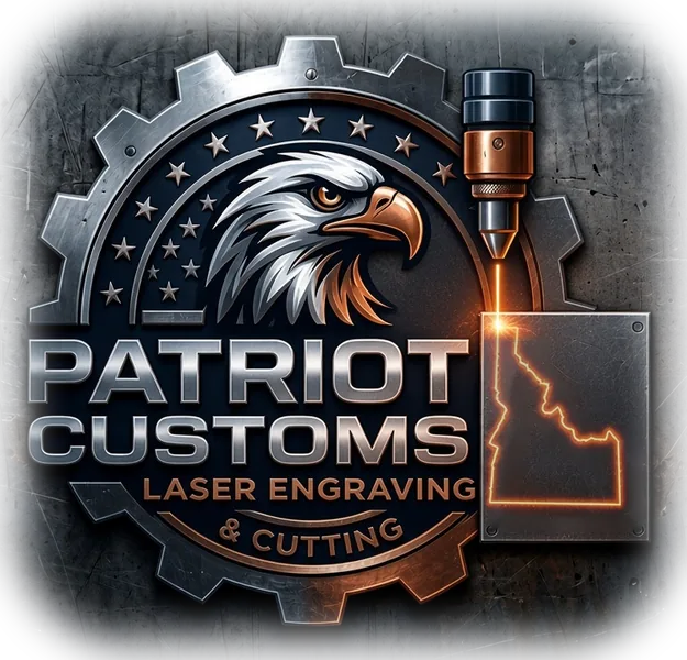 Patriot Customs laser engraving and cutting logo: an eagle in a gear with a laser engraving the state of Idaho
