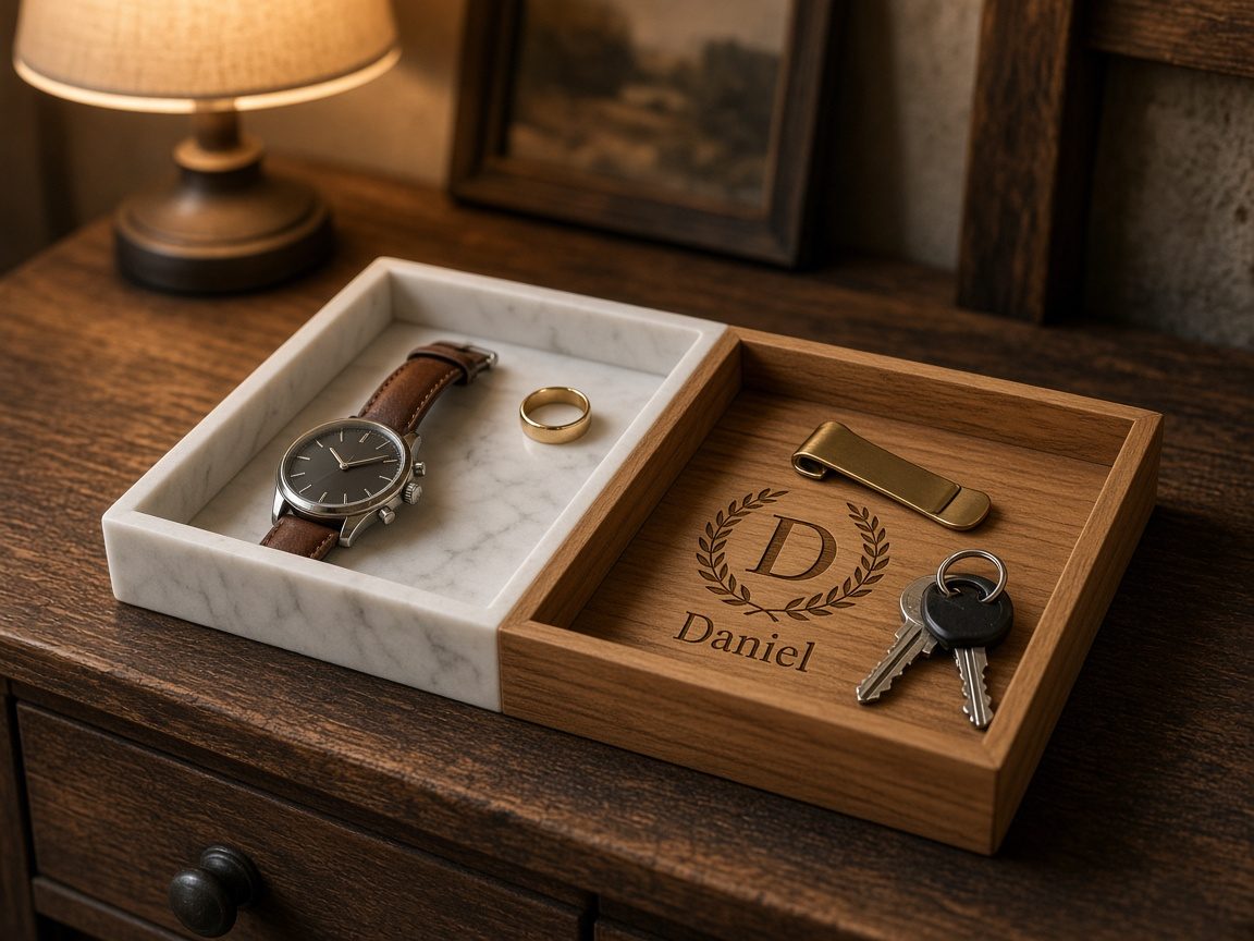 Marble & Wood Valet Tray, example personalization