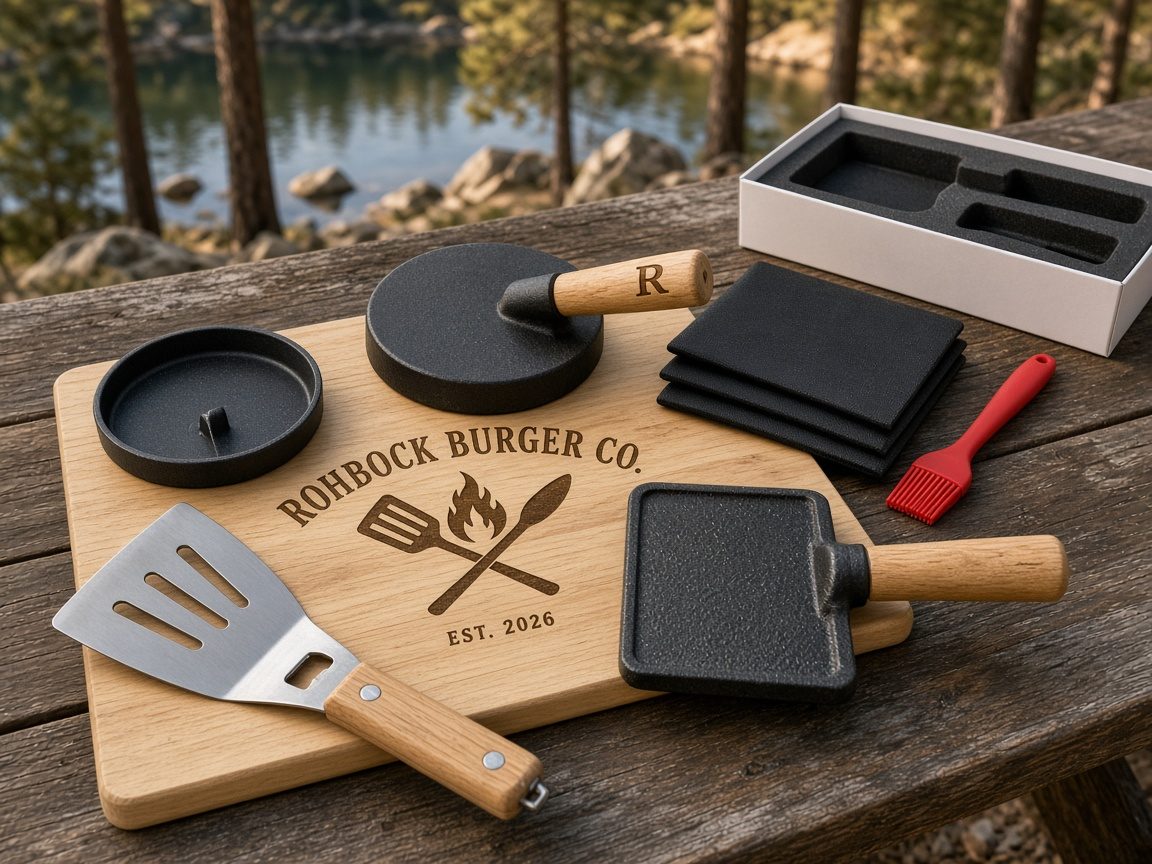 Smash burger gift set with a board engraved Rohbock Burger Co., an example personalization
