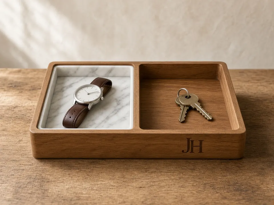 Marble & Wood Valet Tray, example personalization