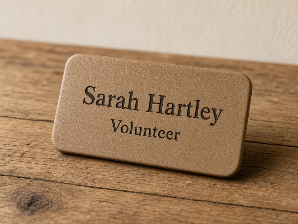 Leatherette Name Badges, example personalization