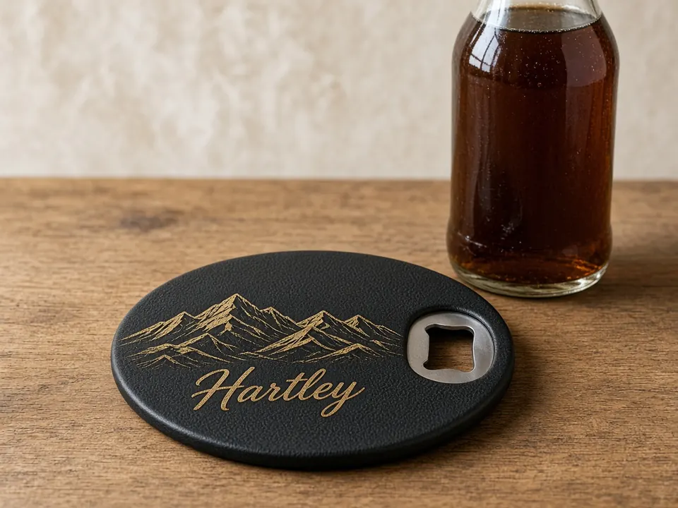 Leatherette Bottle Opener Coasters, example personalization